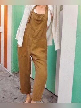 AERIE Linen Lyocell Cropped Overalls Jumpsuit size L Womens